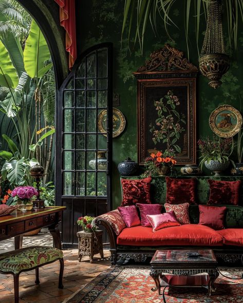 Colorful Boho Living Room, Vintage Maximalist Decor, Dark Boho Living Room, Boho Living Room Ideas, Decor 2024, Maximalist Decor, Green Home Decor, Bohemian Living Room, Dream House Interior