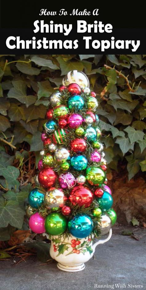 Christmas Ornament Tree Diy, Teacup Topiary, Christmas Ornament Topiary, Ornament Topiary, Ornament Trees, Christmas Tree Topiary, Evergreen Garland, Metallic Ball, Vintage Christmas Balls