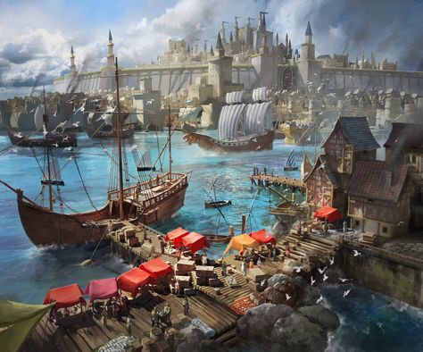 Docks, Jeff Brown on ArtStation at https://www.artstation.com/artwork/w6w1J9 Dock Art, Fantasy Town, Pirate Art, Location Inspiration, Guild Wars, Fantasy City, Fantasy Castle, Fantasy Setting, Fantasy Places