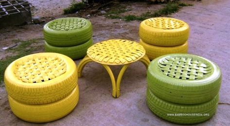 Bamboo-House-India-Recycled-Tire-Furniture                                                                                                                                                                                 More Kursi Ban, How To Make Sofa, Tire Chair, Recycled Tyres, Tire Table, Tire Chairs, Unique Chairs Design, Reuse Old Tires, Tire Craft