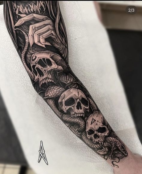 Black Mamba Tattoo, Full Hand Tattoo, Skull Sleeve, Skull Sleeve Tattoos, Realistic Tattoo Sleeve, Full Sleeve Tattoo Design, Men Tattoos Arm Sleeve, Full Arm Tattoos, Scary Tattoos