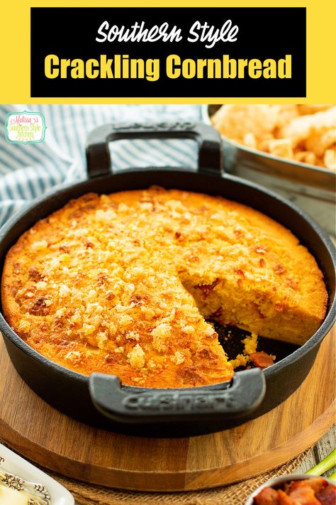 This homemade Crackling Cornbread recipe is embellished with chopped pork cracklins' and smoky bacon to give it another level of flavor. #cornbread #cornbreadrecipe #southerncornbread #homemadecornbread #cracklings #porkrinds #whatarecracklings #cracklingcornbread Crackling Cornbread, Amish Dishes, Southern Cornbread Recipe, Best Cornbread Recipe, Cornbread Recipe Sweet, Cheddar Cornbread, Buttermilk Cornbread, With Cornbread, Dressing Recipes Cornbread