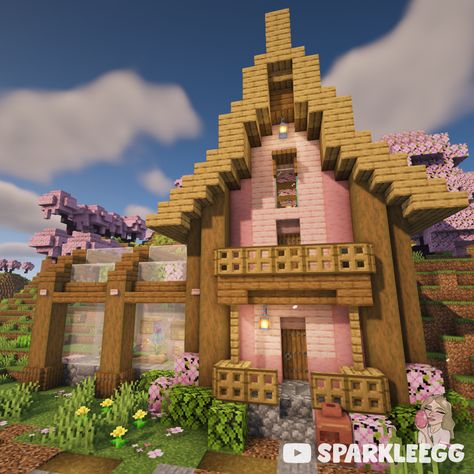 Click for a build tutorial on my YouTube channel #minecraft #starterhouse #aestheticminecraft #cherrygrove #cutemincraft #cute #aesthetic #prettyminecraftbuild Pink Wood House Minecraft, Pink Cottagecore Minecraft, Pink And White Minecraft House, Minecraft Build House, Cherry Blossom House, Minecraft Bedding, Pink Minecraft, Cherry Ring, Cherry House