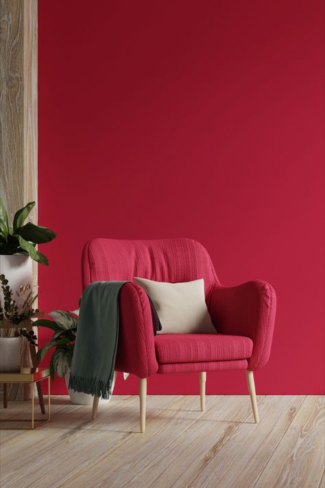 Viva Magenta Aesthetic, Red Feature Wall, Pantone Viva Magenta, Decorating With Red, Magenta Pantone, Aesthetic Rosa, Red Accent Chair, Red Accent Wall, Loft House Design