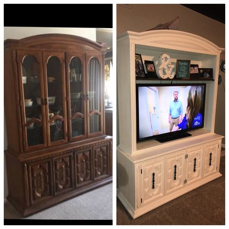 China cabinet turned into tv stand Upcycled Furniture Before And After, Hemma Diy, Diy Furniture Renovation, Furniture Rehab, Furniture Renovation, Refurbished Furniture, Diy Furniture Projects, Furniture Makeover Diy, Flipping Furniture