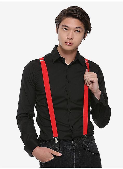 Hot Topic : Basic Red Suspenders Black And Red Tux, Red Tux, Red Dress Shirt, Green Suspenders, White Suspenders, Red Suspenders, Homecoming Outfit, Formal Tuxedo, Black Button Up Shirt