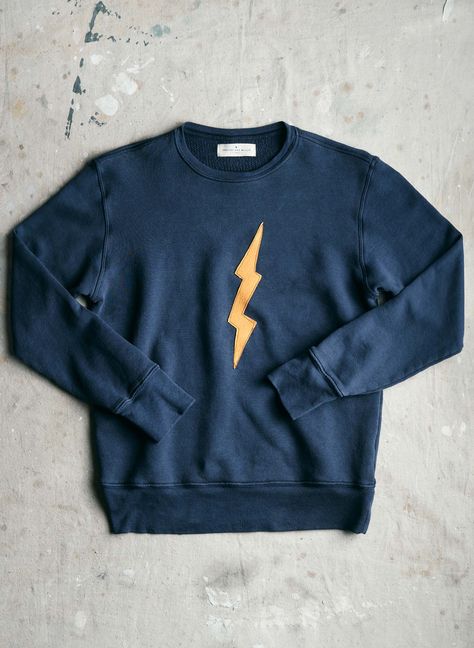 what began as a one-off vintage sweatshirt quickly evolved into a i+w staple. now, we're damn pleased to announce the return of our stitched "bolt" sweatshirt for the first time in years. Navy Relaxed Fit Crew Sweater, Heavyweight Fall Sweatshirt With Crew Neck, Heavyweight Crew Sweatshirt For Fall, Heavyweight Crew Neck Fall Sweatshirt, Navy Graphic Print Sweatshirt For Fall, Heavyweight Crew Neck Sweatshirt For Fall, Vintage Navy Crew Sweatshirt, Navy Vintage Crew Sweatshirt, Vintage Navy Crew Neck Sweatshirt