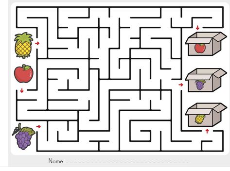 Find the correct path from the fruit to the matching box Mazes For Kids Printable, Maze Worksheet, Printable Games For Kids, Printable Puzzles For Kids, Free Printable Games, Free Preschool Worksheets, Mazes For Kids, Activity Sheets For Kids, Maze Puzzles