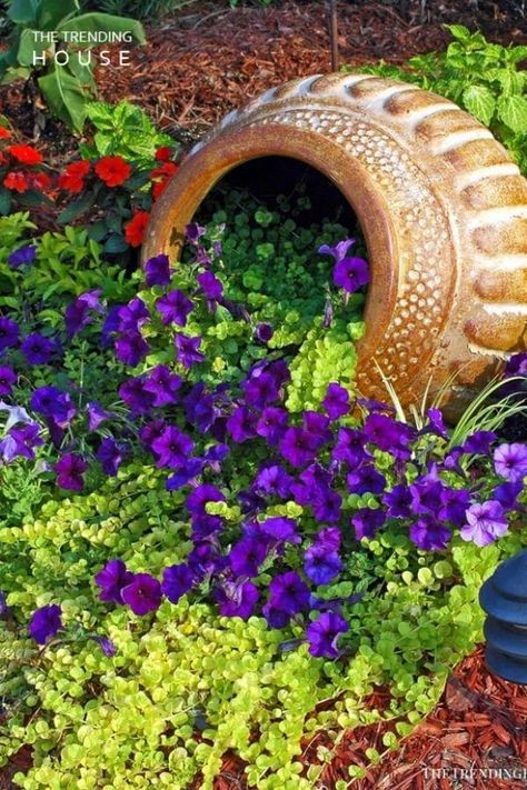 This list of spilled flower pot ideas is perfect for adding beauty to your lawn and garden! Simple and complex garden ideas for any yard! This list of spilling flower pots is a great way to add a truly unique landscape to your lawn or garden. #SpilledPotGarden #Flowers #Garden #Gardening #FlowerBed #Landscaping Jardim Diy, Creeping Jenny, Secret Gardens, The Secret Garden, Garden Containers, Lawn And Garden, Container Plants, Petunias, Dream Garden