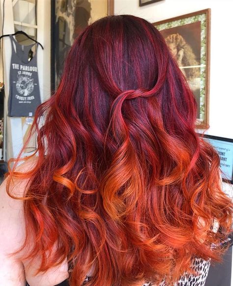 who knew a sunset could be this pretty indoors 😍 @cemeterystrut • image description: back of person's head showing off curled extreme red… Red And Orange Hair, Vision Design, Sunset Hair, Fire Hair, Sunset Red, Beautiful Hair Color, Hairstyle Inspiration, Red And Orange, Hair Dye Colors