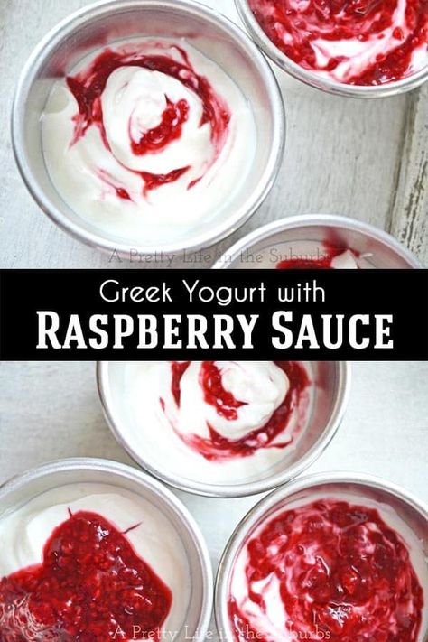 This Fresh Raspberry Greek Yogurt treat is delectable.  A homemade raspberry sauce mixed with Greek Yogurt is a healthy and delicious snack or breakfast! Greek Yogurt Recipes Healthy, Greek Yogurt Snacks, Yogurt Recipes Healthy, Raspberry Sauce Recipe, Yogurt Snacks, Greek Yogurt Flavors, Raspberry Yogurt, Raspberry Ice Cream, Cocktail Syrups