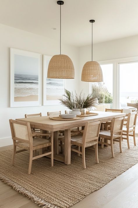 ♥ Are you dreaming of a coastal dining room to impress your guests? Dive into the charm of this coastal cottage-inspired space with coastal wallpaper and a coastal aesthetic. Get inspired for your small dining room decor with elegant dining room ideas. 🌊✨ #diningroomdecor #coastalliving #diningroomdesign Light Colored Dining Room Table, Coastal Rugs Dining Room, Picnic Table Dining Room Indoor, Modern Lake House Dining Room, Clean Coastal Aesthetic, Coastal Boho Aesthetic, Modern Beach Dining Room, Nancy Meyers Coastal Aesthetic, Neutral Coastal Kitchen