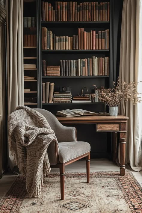 Cozy Office Aesthetic, Office And Living Room Combo, Office Setup At Home, Moody Office Space, Townhouse Office, Homeschool Area, Small Tv Room, Shaped Paper Clips, Cozy Fall Home