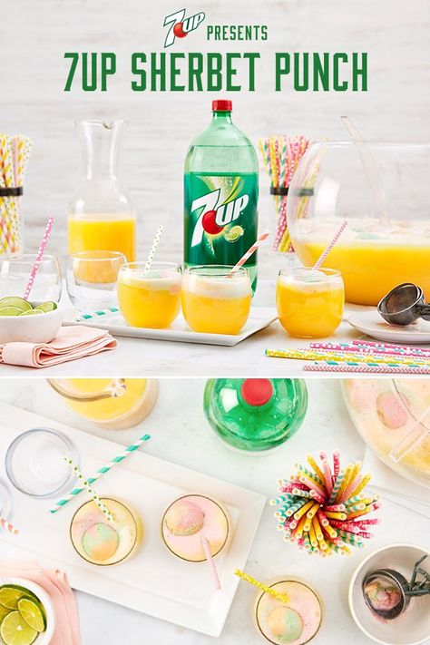 Mix up 7UP Sherbet Punch, made with 7UP®, today. Alcoholic Party Punch, Spiked Fruit, Sorbet Punch, Alcoholic Fruit Punch, Sprite Recipe, Raspberry Sherbet Punch, Lime Sherbet Punch, Party Punch Alcohol, Alcoholic Party