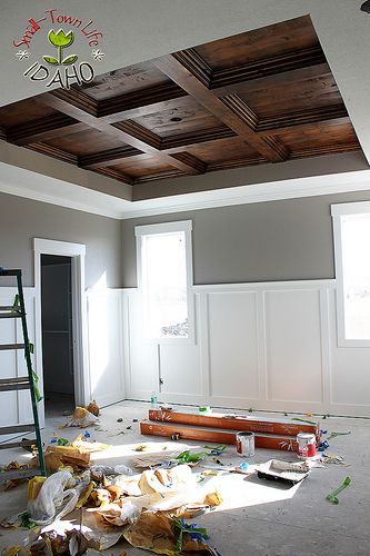 Wood Coffered Ceiling, Emily Walker, Kitchen Ceiling Design, Trey Ceiling, Woodworking Bed, Diy Ceiling, Wood Ceiling, Kitchen Ceiling, Wooden Ceilings