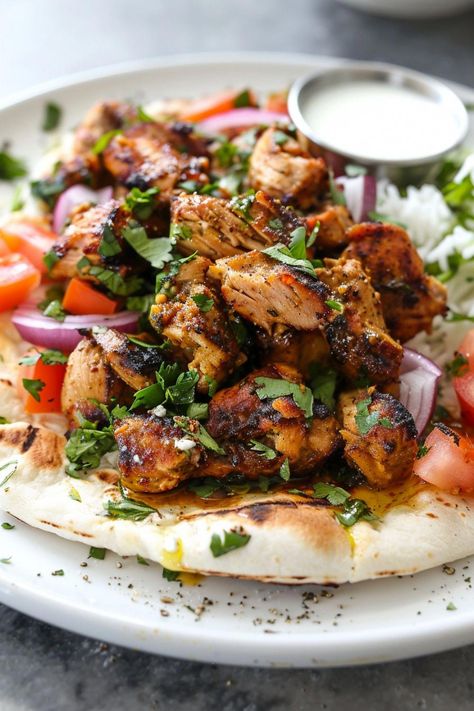 Indulge in the exotic flavors of Middle Eastern cuisine with this delicious chicken shawarma recipe. Marinated in a blend of aromatic spices, this dish is bursting with tender and juicy goodness. Whether grilled to perfection or roasted in the oven, chicken shawarma is sure to satisfy your taste buds. Pair it with fluffy pita bread, fresh vegetables, and creamy tahini sauce for a complete meal that will transport you to the streets of Lebanon. Chicken In Pita Bread, Chicken Shawarma Plate, Best Chicken Shawarma Recipe, Pita Chicken Recipe, Mediterranean Pita Recipes, Pita Jungle Chicken Recipe, Chicken Shwarma Breast, Chicken Swarma Meal Oven, Chicken Shawarma Recipe Authentic