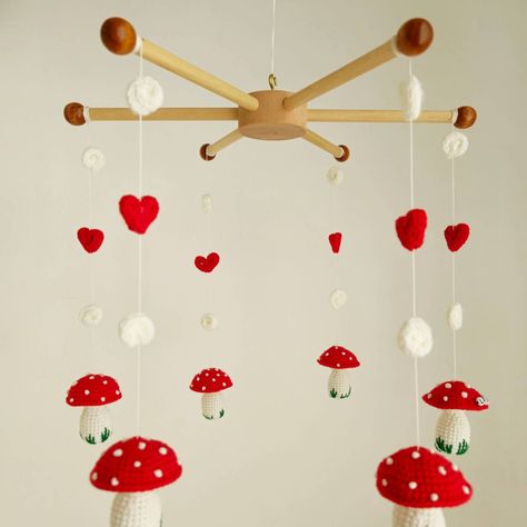 Mushroom Mobile 🍄 Mushroom Mobile, Crib Mobile, Cribs, Stuffed Mushrooms, Toys, Crochet, Cots