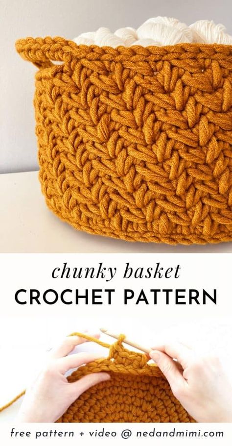 This chunky crochet basket has a such a unique texture, thanks to the diagonal chevron stitch pattern. The basket is crocheted with super bulky (#6 yarn) so it works up very quickly. If this stitch pattern is new to you, then please do check out the video tutorial below! Crochet Basket Pattern Free, Basket Crochet, Crochet Baskets, Chevron Stitch, Confection Au Crochet, Basket Pattern, Crochet Basket Pattern, Crochet Simple, Stitch Crochet