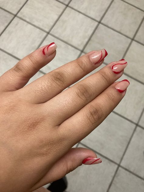 Neutral Nails With Red Design, Red Beige Nail Designs, Red Biab Nail Art, Nude Nails With Red Design, Red Line Design Nails, Beige And Red Nails, Red Nails Line Design, Red And Beige Nails, Nude And Red Acrylic Nails