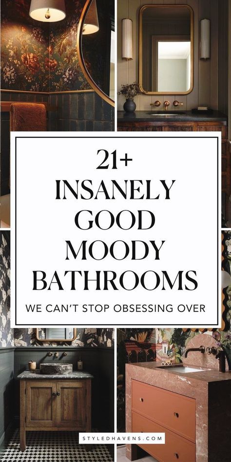 Searching for the best moody bathroom inspo? It's no secret moody bathrooms are trending for 2025 - the deep, jewel tones and rich character are all over the world of modern bathroom design. If you love a good dark bathroom style, these hand-picked bathrooms are for you - including ideas for bathroom decor! (Save to your bathroom interior design board for later!) Dark Powder Room Ideas, Dark Moody Bathroom, Moody Bathrooms, Moody Bathroom Ideas, Small Dark Bathroom, Dark Brown Bathroom, Powder Bathroom Ideas, Moody Bathroom, Dark Bathroom Ideas