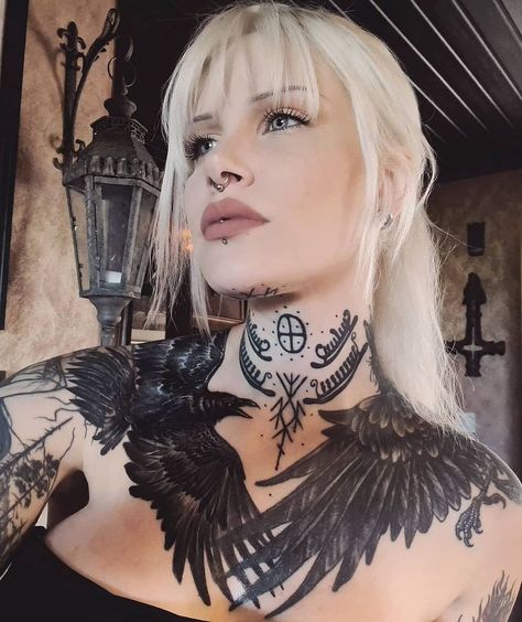 VIKINGS || Viking Warriors on Instagram: “🔥Huginn and Muninn😍 Reposted From @ida.morbida Model: @ida.morbida Ravens made by @nero_sin & @rille_sickboys Tag @runicfella to have a…” Chest Tattoo Cover Up, Chest Neck Tattoo, Pagan Tattoo, Girl Neck Tattoos, Catrina Tattoo, Throat Tattoo, Goth Tattoo, Neck Tattoos Women, Wicked Tattoos