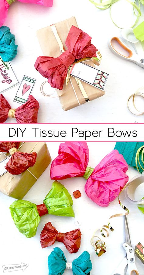 Make your own tissue paper bows - they're quick and easy and cost a fraction of store bought bows! Paper Bows Diy, Healthy Gift Basket, Paper Bows, Tissue Paper Crafts, Healthy Gift, Paper Bow, Diy Papier, Tissue Paper Flowers, Diy Gift Wrapping