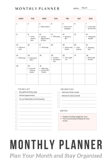 Monthly Planner is a great tool to help your plan out your entire month. Your appointments, important dates and tasks can be viewed at a glance. There are ample space for your to do list, priorities and notes. Check out this planner today. #personalplanner #monthlyplanner #organisation Month At A Glance Planner, Pink Monthly Planner, Budget Digital Planner, Bujo 2025, Monthly Spread Ideas, Personal Planner Ideas, Planner Monthly Layout, At A Glance Planner, Digital Monthly Planner