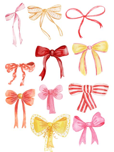 Clip Art Bows, How To Paint Bows, Bow Painting Art, Y2k Watercolor, Bows Illustration, Ribbon Painting, Illustrated Bookmarks, Bow Painting, Coquette Watercolor