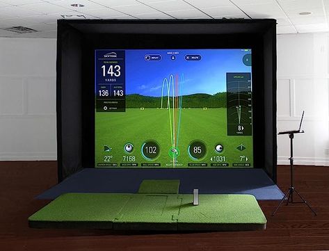 The Ace Medalist enclosure measures 12' Wide x 8'6" Tall x 5' deep enclosure includes: HiQ screen, top/side foam framing mini pads, carpet pads, adhesive velcro, top lid and side skins, and crossing turn buckled cables to keep the frame straight. Golf Simulator Shed, Diy Golf Simulator, Golf Hitting Net, Home Golf Simulator, Indoor Golf Simulator, Diy Golf, Impact Screen, Golf Simulator Room, Golf Room