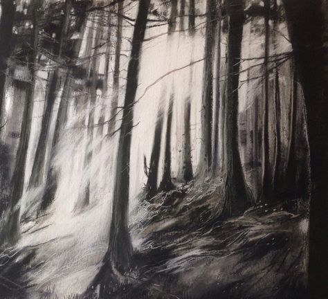 Charcoal of thetford forest Spooky Scenery Drawing, Dark Landscape Drawing, Spooky Woods Painting, Spooky Path Drawing, Spooky Forest Drawing, Scary Forest Drawing, Nightmare Before Christmas Painting Ideas, Dark Drawing Ideas, Spooky Sketches