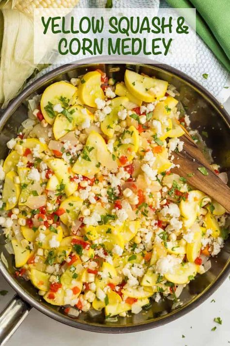 Yellow squash and corn medley is a flavorful one-skillet side dish that’s a celebration of fresh summer vegetables! #summersquash #corn #veggiesides #healthyrecipes #summerveggies Crookneck Squash Recipes, Corn Recipes Side Dishes, Yellow Squash Recipes, Mexican Side Dishes, Food On The Table, Summer Vegetables, Summer Veggies, Side Dish Recipes Easy, Yellow Squash