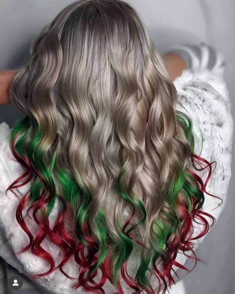 Best Winter Christmas Hair Colors Ideas Blonde Red and Green Tips Blonde Hair With Red And Green, Christmas Peekaboo Hair, Blonde Christmas Hair, Red And Green Peekaboo Hair, Christmas Dyed Hair, Christmas Inspired Hairstyles, Christmas Colored Hair, Christmas Color Hair Ideas, Christmas Hair Dye Ideas