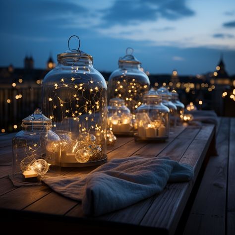 rooftop christmas - starry night with lanterns Terrace Dinner Decor Night, Terrace Ideas, Money Honey, Backyard Lighting, Night Scenery, Garden Seating, Roof Garden, Patio Ideas, Outdoor Christmas Decorations