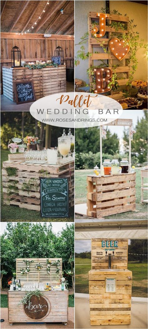 Why use pallet decor for rustic weddings? Rustic weddings are ever so popular with the younger generation. Our children are into hiking, horseback riding, Pallet Bar For Wedding, Diy Bar For Wedding, Wood Pallet Wedding Ideas, Wedding Bar Diy, Pallet Wedding Ideas, Rustic Bar Ideas, Pallet Bar Ideas, Pallet Wedding Decor, Outdoor Wedding Bar