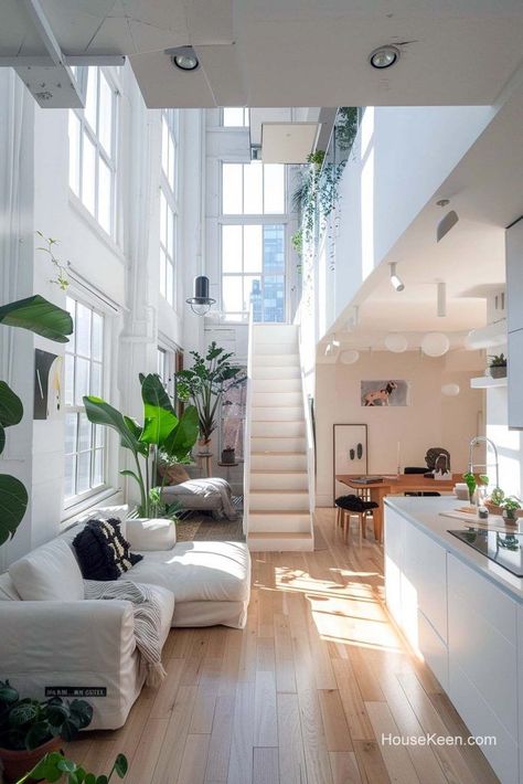 Tall windows along one wall bring plenty of light into the compact studio space. White Studio Apartment, Tall Bed, Small Floor Plans, High Ceilings, Northern Europe, Studio Space, Studio Apartment, Scandinavia, High Ceiling