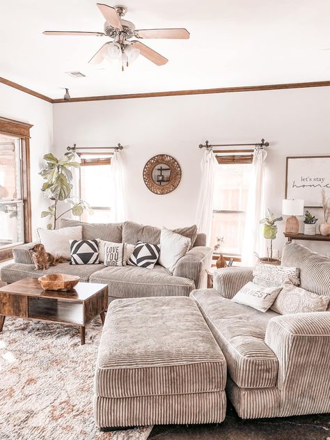 Boho Chic Couch, Gray Corduroy Couch, Farm Boho Living Room, Couch And Love Seat Small Living Room, Living Room Decor Boho Farmhouse, Cozy House Living Room Comfy, Living Room Sectional Ideas Layout Cozy, Comfy Living Room Ideas Farmhouse, Boho Living Room Couch Ideas