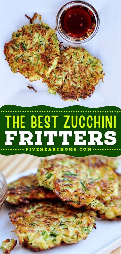 Another easy zucchini recipe your family will love! Creamy on the inside with a crispy exterior, these easy zucchini fritters are the BEST. Save this grated zucchini recipe and try this vegetable side dish! Green Bean And Zucchini Recipes, Baked Zucchini Fritters Recipe, Easy Zucchini Recipes Side Dishes, Zucchini Recipes Blackstone, Grated Zucchini Recipes Healthy, Quick Zucchini Recipes Side Dishes, Zucchini Ideas Healthy Recipes, Easy Zucchini Side Dish, Zucchini And Spinach Recipes