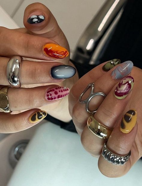 Funky Mismatched Nails, Nail Art Trends 2024, Jewel Tone Nails, Eclectic Nails, Nail Design Glitter, Gel Nail Strips, Hippie Nails, Minimal Nails, Nail Sticker