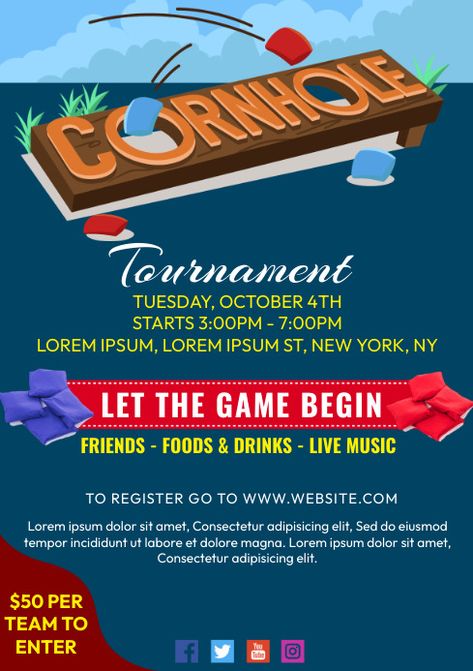 Cornhole Tournament Flyer, Fundraising Flyer Design, Work Posters, Cornhole Tournament, Gaming Poster, Fundraiser Flyer, A4 Document, Invert Colors, Board Template