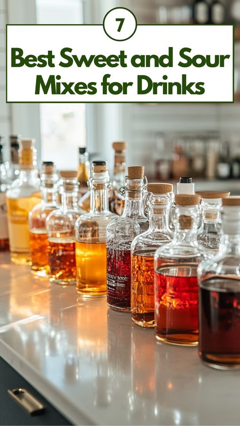 A variety of sweet and sour mix bottles displayed on a kitchen counter, ready to be used for making cocktails. Strawberry Daiquiri Mix, Sweet And Sour Recipes, Cocktails At Home, Whisky Sour, Famous Cocktails, Lemon Drop Martini, Sour Mix, Pisco Sour, Long Island Iced Tea