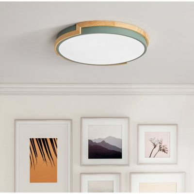 Ceiling light modern minimalist led round shaped wood and metal, acrylic flush mount ceiling light. Latitude Run® Fixture Finish: Green/Brown | Latitude Run® 1 - Light Simple Circle LED Flush Mount 1.97 H x 16.54 W x 16.54 D in white / brown, Wood in Green / Brown | 1.97" H X 16.54" W X 16.54" D | Wayfair Light Green Nursery, Kids Lighting Bedroom, Modern Flush Mount Ceiling Light, Laundry Room Lighting, Low Ceiling Lighting, Kids Room Lighting, Bedroom Light Fixtures, Circle Light, Bathroom Ceiling Light