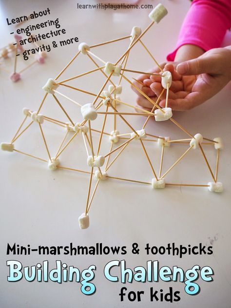 Learn with Play at Home: Mini-marshmallow and toothpick building challenge for kids Building Challenge, Invitation To Play, E Mc2, Stem Challenges, Stem Projects, Play Based Learning, Mini Marshmallows, Motor Activities, Stem Activities