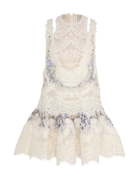 The Natura Lace Patch Mini in Iris Mixed Print from our Spring 2024 Collection, Natura. A silk linen organza mini dress featuring a placement print under bodice, finished with a full skirt.