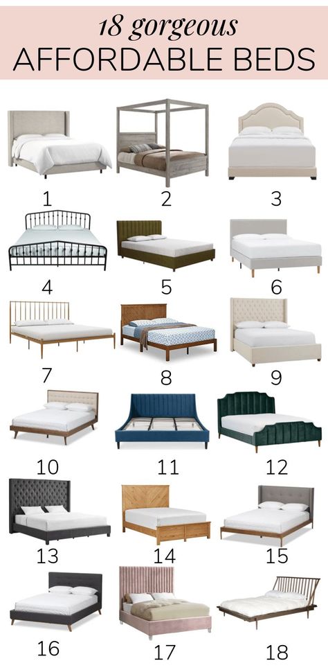 Beautiful affordable beds in every style! If you're looking for a cheap bed frame, this post will have one you'll love! King Bed Frame Cheap, Wood And Upholstered Bed Frame, Tufted Upholstered Bed Frame, Modern Boho Bed Frame, Best King Bed Frame, Best Bed Frames King, Affordable Queen Bed Frame, Different Bed Frame Styles, King Bed Frame Upholstered