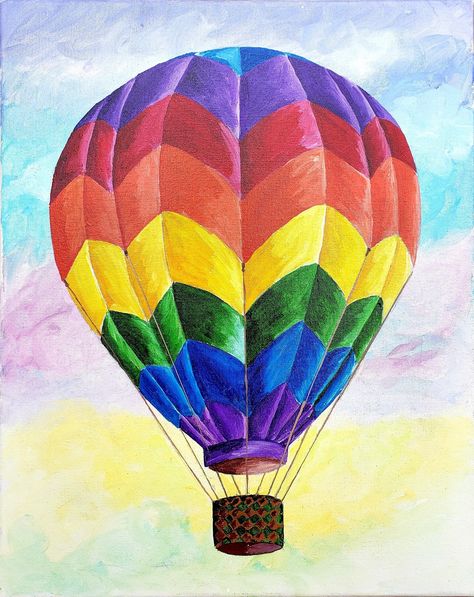 Acrylic on Canvas Painting - Vibrant Hot-Air Balloon! Canvas Painting Hot Air Balloon, How To Paint Hot Air Balloons, Hot Air Balloon Painting Easy, Hot Air Balloon Painting, Air Balloon Painting, Library Painting, Hot Air Balloon Art, Baloon Art, Summer Paintings