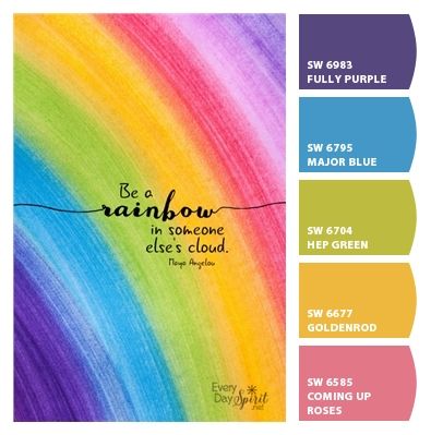 Paint colors from ColorSnap by Sherwin-Williams Rainbow Paint Colors, Rainbow Color Palettes, Sherwin Williams Rainbow Colors, Sherwin Williams Rainbow Paint Colors, Benjamin Moore Rainbow Palette, Rainbow Paint Palette, Rainbow Color Scheme, Fun Kids Color Palette, Rainbow Colour Palette