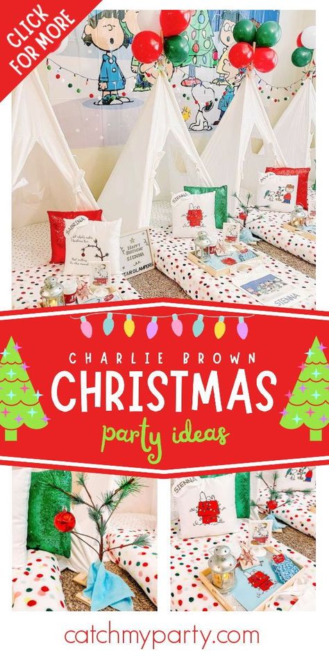 Check out this fun Charlie Brown Christmas party! Love the teepees! See more party ideas and share yours at CatchMyParty.com Charlie Brown Christmas Cubicle Decor, Charlie Brown Christmas Theme, Charlie Brown Christmas Party Ideas, Grinch Sleepover, Charlie Brown Christmas Party, Charlie Brown Christmas Decorations, Tent Parties, Camp Christmas, Christmas Sleepover