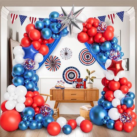 -4th of July themed balloons are made of natural latex, which is sturdy and durable. You can fill latex balloons with air or helium, they are thick enough to last a long time when inflated, but don't over-inflate them so they don't pop. #fourthofjuly #fourthofjulyfood #fourthofjulyparty #fourthofjulydecor #fourthofjulycrafts White And Blue Balloon Garland, Blue Balloon Garland, Balloon Arch Decorations, Baseball Theme Party, Nautical Themed Party, Blue Balloon, Arch Decoration, Balloon Ribbon, Outdoor Party Decorations