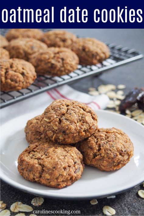 These tasty oatmeal date cookies use the natural sweetness of dates rather than any added sugar to make a relatively healthy, easy and delicious treat. #refinedsugarfree #dates #healthybaking #healthycookie Coconut Flour Dates Recipe, Date Paste Cookies Healthy, Baking With Dates Healthy, Whole30 Date Recipes, Oatmeal Dessert Recipes Easy, Oatmeal Jam Cookies, Baked Oatmeal With Dates, Healthy Oatmeal Date Cookies, Sun Dried Dates Recipes