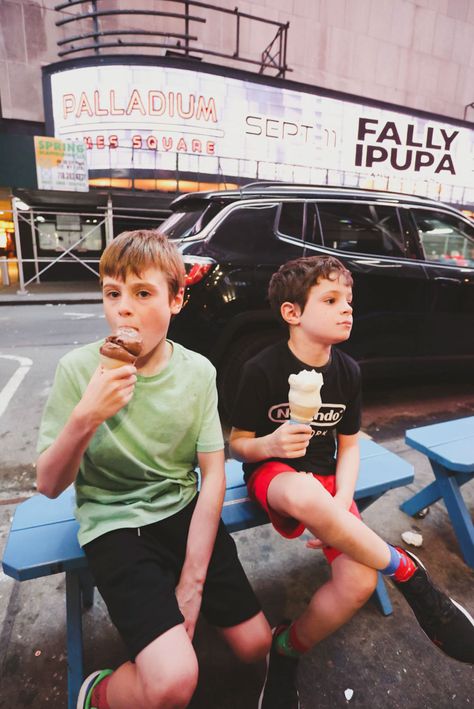 Two kids eating ice cream on a side street off of times square Kids Eating Ice Cream, Nyc Activities, Great Vacation Spots, Trip To Nyc, Eating Ice, Eating Ice Cream, City Kid, Kids Photoshoot, Paid Off